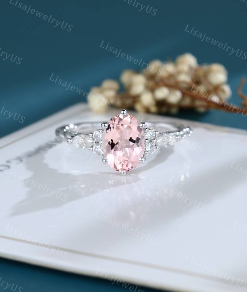 Oval Morganit Verlobungsring Weißgold Vintage Diamant Im Marquiseschliff Cluster 3/4 Eternity Twisted Braut Geschenk von LisajewelryUS