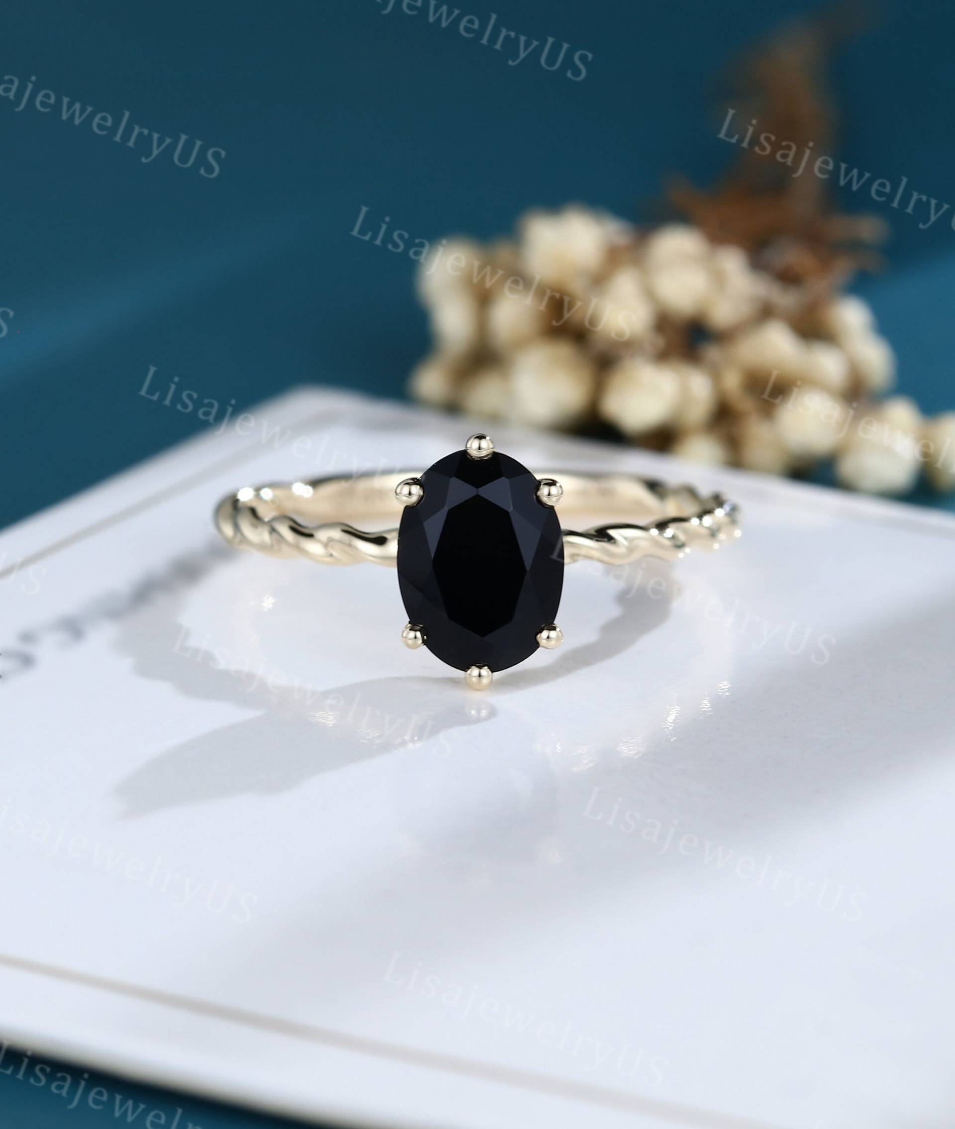 Oval Schwarzer Onyx Verlobungsring Rosegold Vintage Zierlicher 3/4 Brautring Jahrestag Ring Hochzeitsgeschenk von LisajewelryUS