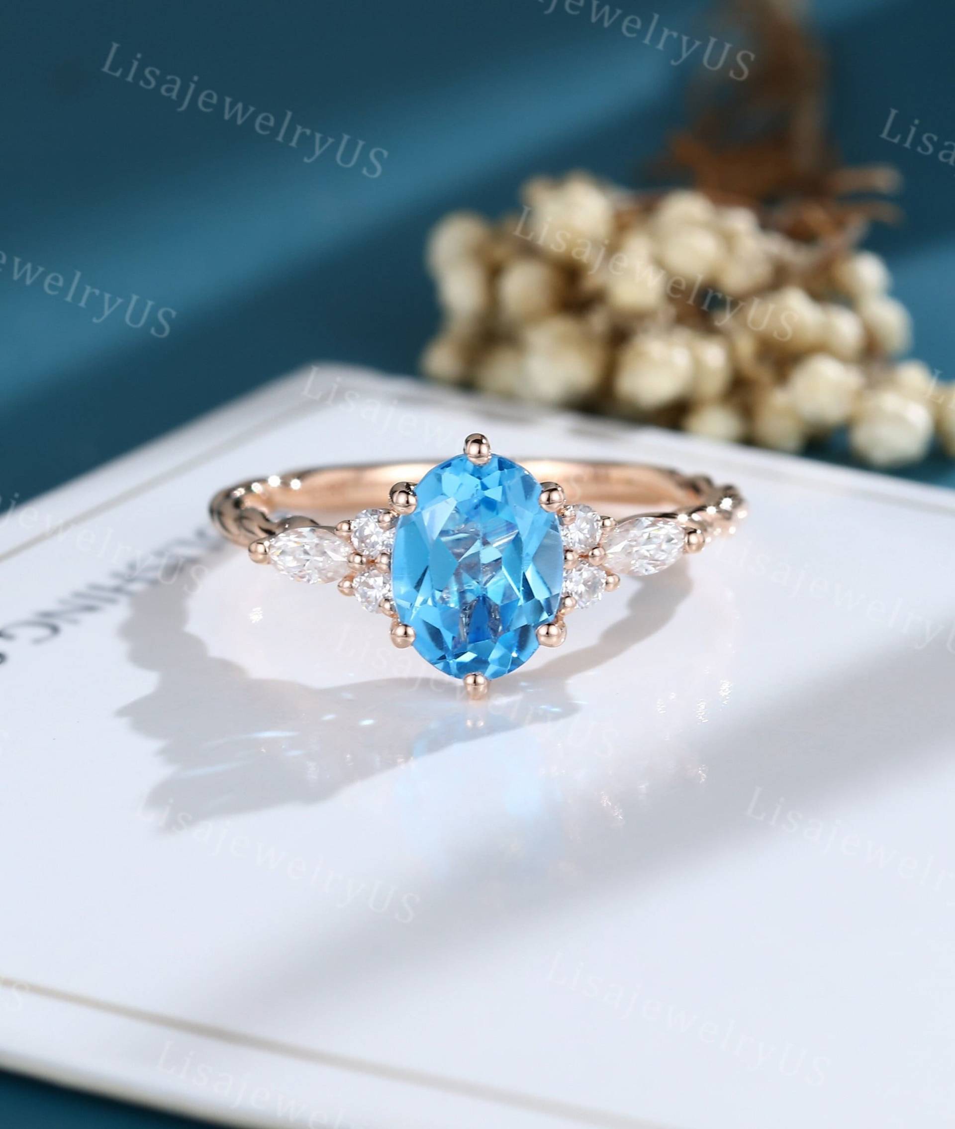 Oval Topas Verlobungsring Rosegold Vintage Art Deco Marquise Diamant 3/4 Eternity Twisted Ring Braut Jahrestag von LisajewelryUS