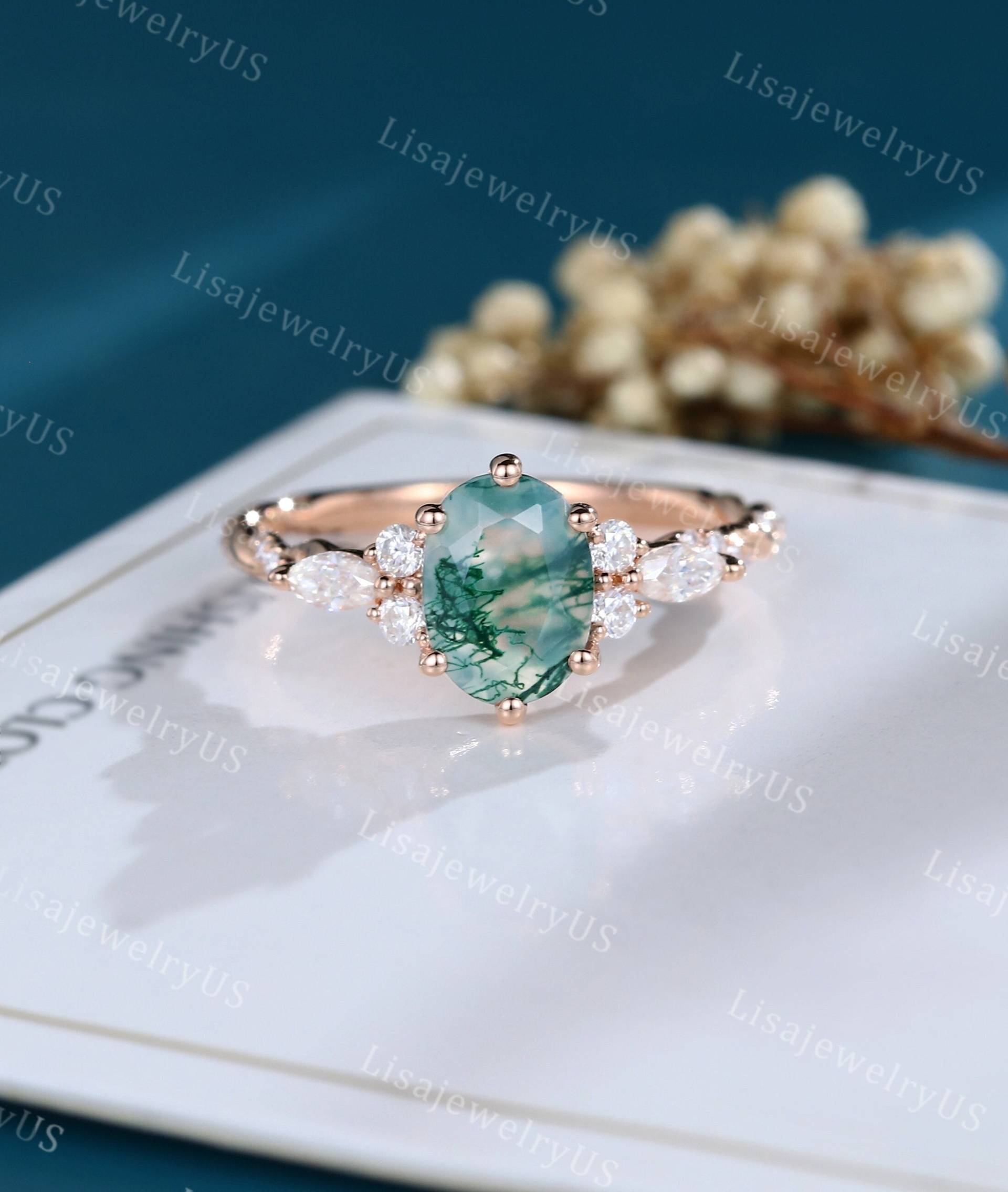 Oval Moosachat Verlobungsring Roségold Vintage Art Deco Diamanten Ring 3/4 Eternity Gedrehter Brautring von LisajewelryUS