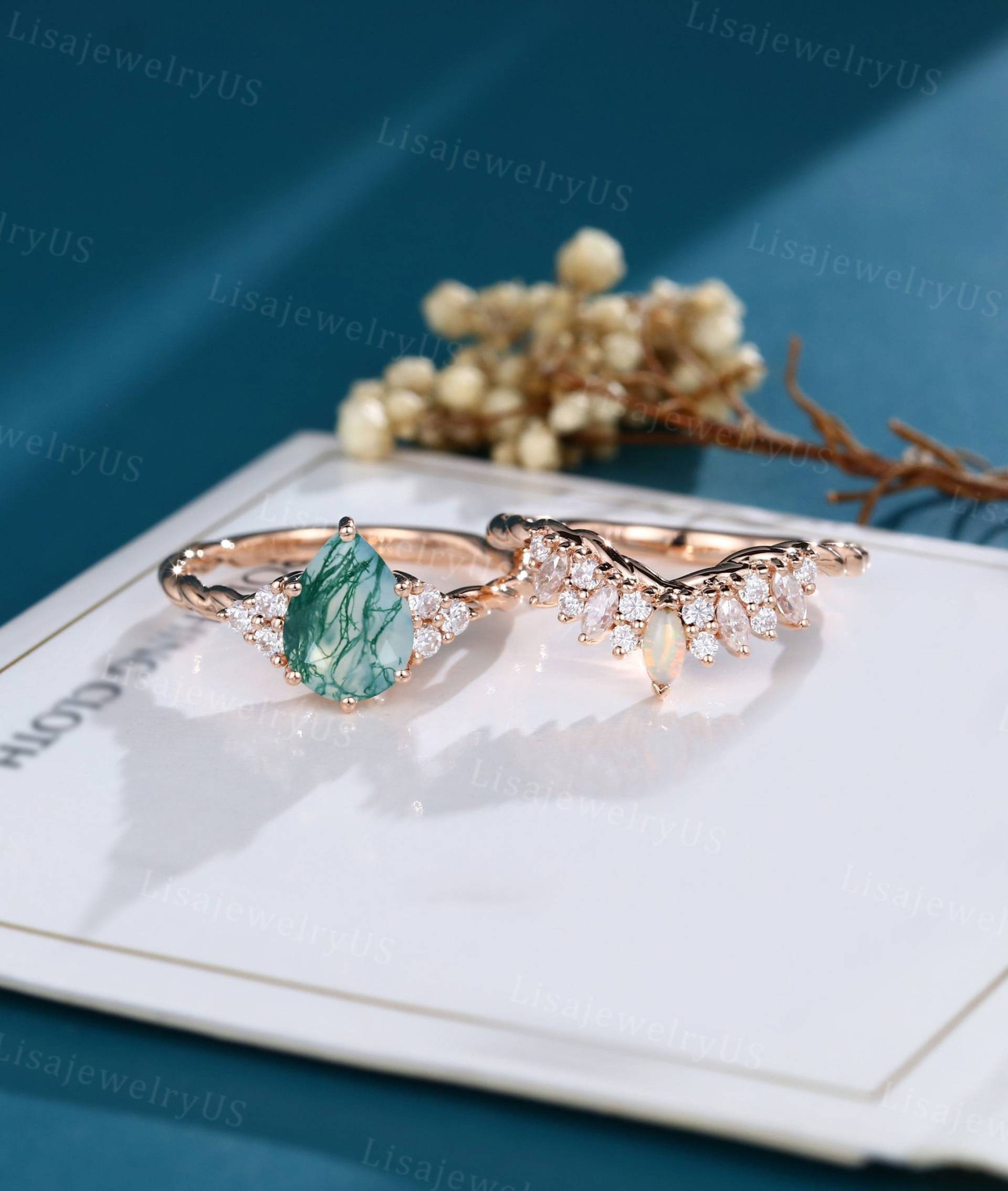 Birne Moos Achat Verlobungsring Set Rosegold Vintage Cluster Ringset Art Deco Marquise Opal 3/4 Eternity Twisted Ring Braut von LisajewelryUS