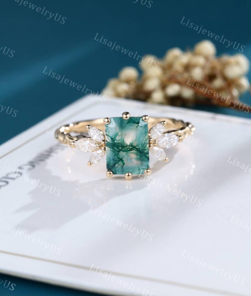 Moosachat Verlobungsring in Smaragdschliff Gelbgold Art Deco Zierliche Marquise Diamant Brautring 3/4 Eternity Gedreht von LisajewelryUS