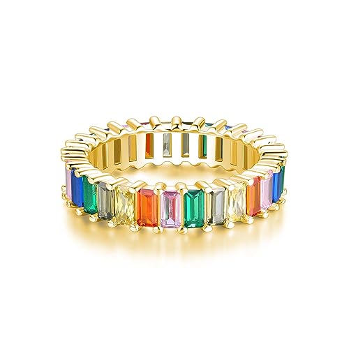 18K Funkelnder Rainbow Baguette Ring aus 925 Sterling Silber mit Bunten Regenbogen Steinen - Damen Ringe Eternity Ewigkeit Schmuck in Juwelierqualität (Gold, 52) von Lisandra Scott