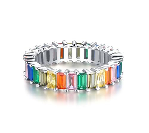 18K Funkelnder Rainbow Baguette Ring aus 925 Sterling Silber mit Bunten Regenbogen Steinen - Damen Ringe Eternity Ewigkeit Schmuck in Juwelierqualität (Silber, 58) von Lisandra Scott