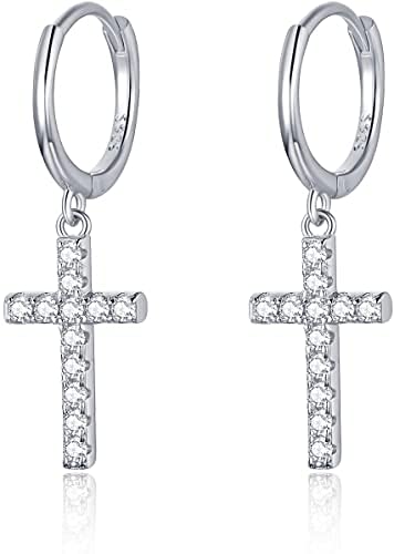 925 Sterling Silber Creolen mit Anhänger 14K Vergoldet I Ohrringe für Damen, Mädchen und Frauen I Kreolen hängend mit Steinen und Kreuz (Silber) von Lisandra Scott