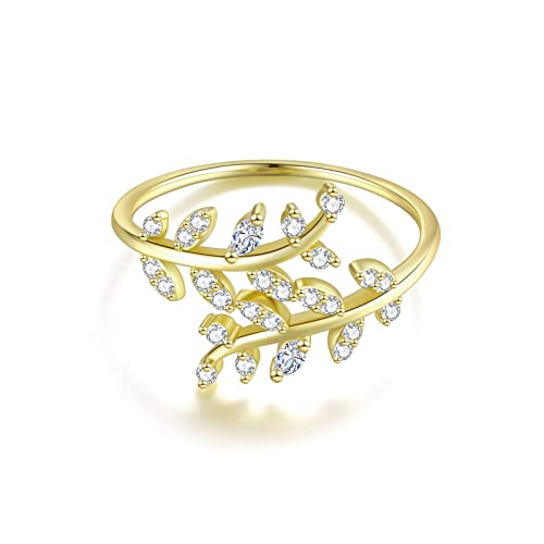 925 Sterling Silber Ring Olivenzweig Blätter mit Zirkonia Steinen Verstellbar I Echtsilber Blumenring mit Blüte Schmuck für Damen, Frauen und Mädchen (Gold) von Lisandra Scott