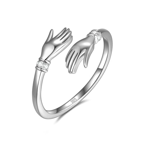 Umarmungsring aus 925 Sterling Silber, Umarmende Hände Design mit funkelnden Zirkonia Steinen, “Ausdruck von Zuneigung und Liebe”, Ring für Damen und Frauen aus Echt Silber (Silber, 62) von Lisandra Scott