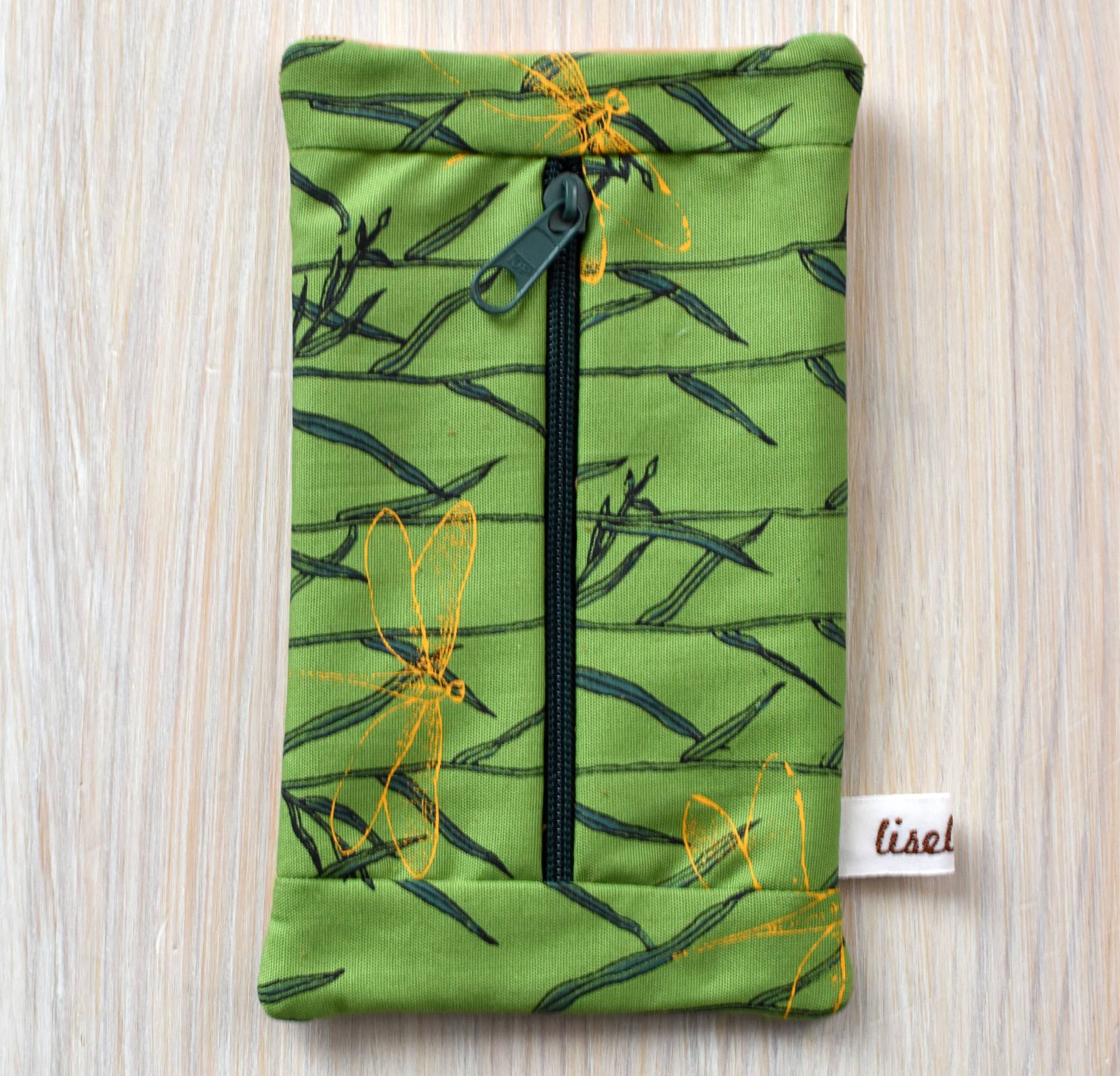 Täschchen, Kosmetikbeutel, Handtaschentasche, Zweiseitig, Echtleder Beige, Baumwolle Handbedruckt, Libellendesign, Siebdruck, Reißverschluss Täschchen, Kosmetikbeutel, Handtaschentasche, Zweiseitig, Echtleder Beige, Baumwolle Handbedruckt, Libellendesign, Siebdruck, Reißverschluss von LiselottiDesign