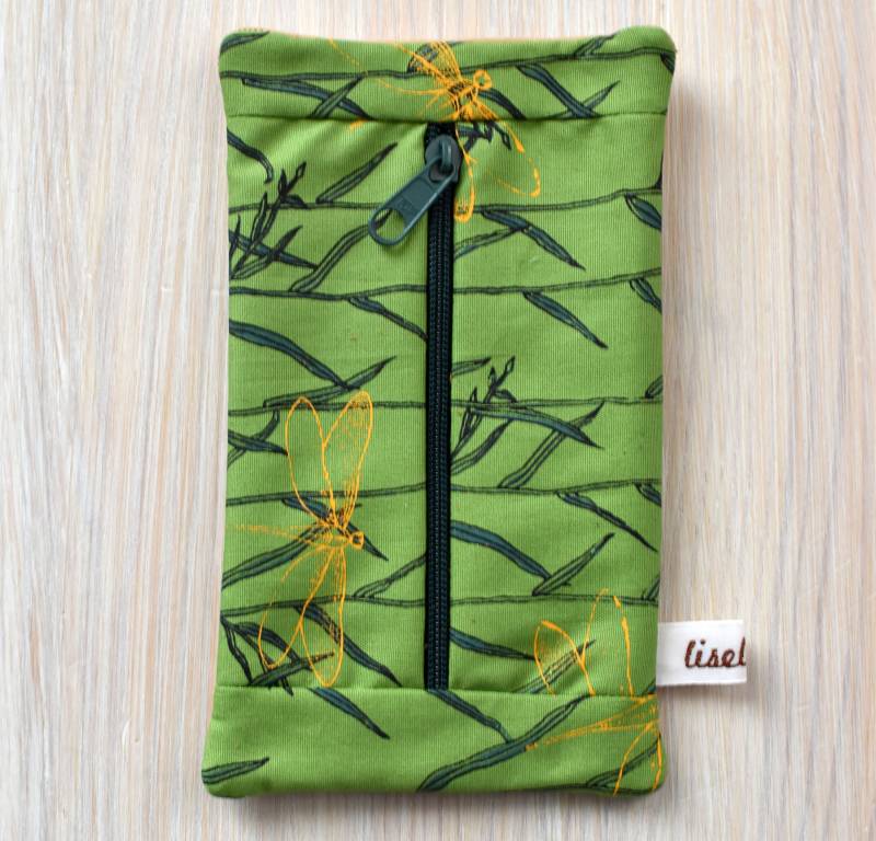 Täschchen, Kosmetikbeutel, Handtaschentasche, Zweiseitig, Echtleder Beige, Baumwolle Handbedruckt, Libellendesign, Siebdruck, Reißverschluss Täschchen, Kosmetikbeutel, Handtaschentasche, Zweiseitig, Echtleder Beige, Baumwolle Handbedruckt, Libellendesign, Siebdruck, Reißverschluss von LiselottiDesign