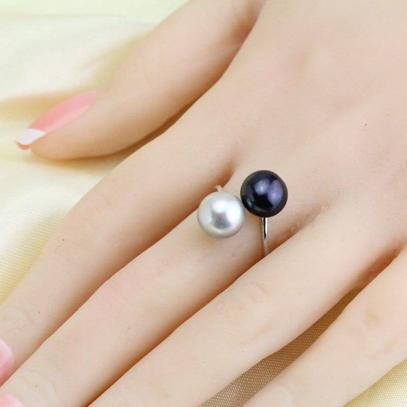 Doppel Perlenring, Offener Ring Sterling Silber Perle, Graue Und Schwarze Perle Ring, Schwesterring, Midi Silber, Hochzeit Braut Geschenk von LishaPearlJewelry