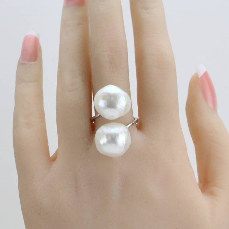 Doppelperlenring, Silber 925 Offene Ringperle, 12-13 Mm Süßwasser-Kräuselungsperlenring, Midiring Silber, Ring Mit Zwei Perlen, Barockperlenring von LishaPearlJewelry