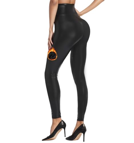 Lishang Damen Leder Leggings High Waist Kunstleder Leggings Hose Thermo Strumpfhosen Lederoptik Lederhose Faux PU Leder Leggins von Lishang
