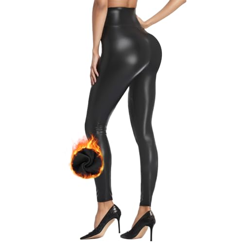 Lishang Damen Leder Leggings High Waist Kunstleder Leggings Hose Thermo Strumpfhosen Lederoptik Lederhose Faux PU Leder Leggins von Lishang