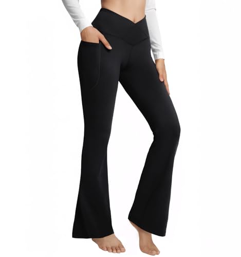 Lishang Flared Yogahose Damen Leggings Hohe Taille Bootcut Schlaghose Yoga Hose Weites Bein V-Taille mit Taschen Blickdicht Leggins Jazzpants Jogginghose Sporthose von Lishang