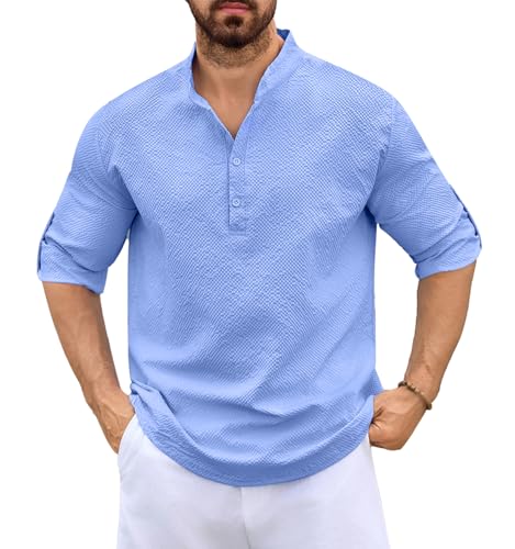 Lishang Leinenhemd Herren Langarm Hemden Sommerhemd Freizeithemd Männer Strandhemd Casual Regular Fit Basic Shirt Universal Businesshemd Blau 3XL von Lishang