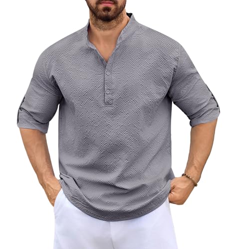 Lishang Leinenhemd Herren Langarm Hemden Sommerhemd Freizeithemd Männer Strandhemd Casual Regular Fit Basic Shirt Universal Businesshemd Dunkelgrau L von Lishang