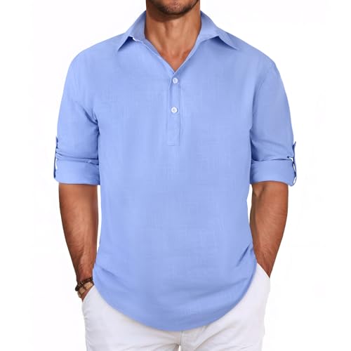 Lishang Leinenhemd Herren Langarm Leinen Shirt Herren Oberhemden Langarm Strandhemd Hemd Kurzarm Freizeithemd Regular Fit Blau M von Lishang