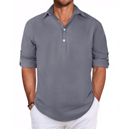 Lishang Leinenhemd Herren Langarm Leinen Shirt Herren Oberhemden Langarm Strandhemd Hemd Kurzarm Freizeithemd Regular Fit Grau XL von Lishang