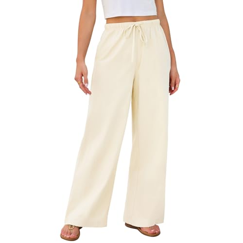 Lishang Leinenhose Damen Lang Sommer Mit Taschen Leichte Lockere Sommerhose Damen Strandhose Bequeme Hose Elastisch Taille Beige L von Lishang