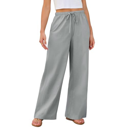 Lishang Leinenhose Damen Lang Sommer Mit Taschen Leichte Lockere Sommerhose Damen Strandhose Bequeme Hose Elastisch Taille Grau XL von Lishang