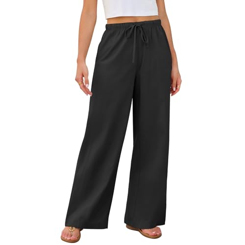 Lishang Leinenhose Damen Lang Sommer Mit Taschen Leichte Lockere Sommerhose Damen Strandhose Bequeme Hose Elastisch Taille Schwarz M von Lishang