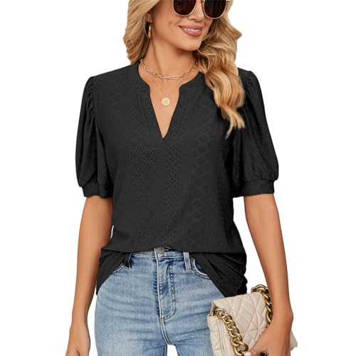 Lishang Musselin Bluse Damen Elegant Oberteile Sommer Tshirt Kurzarm V Ausschnitt Casual Blase Ärmel Lose Blusen Tops Tunika Shirt von Lishang