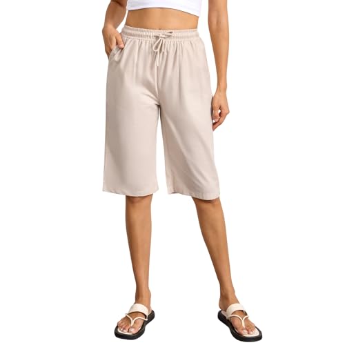 Lishang Baumwoll Shorts Damen Kurze Hosen Sommer Mit Taschen Kurze Hose Damen Sommer Knielang Strandhose Lockere Sommerhose Freizeithose Mit Kordelzug Elastische Taille Apriksfarbe L von Lishang