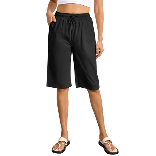 Lishang Baumwoll Shorts Damen Kurze Hosen Sommer Mit Taschen Kurze Hose Damen Sommer Knielang Strandhose Lockere Sommerhose Freizeithose Mit Kordelzug Elastische Taille Schwarz L von Lishang