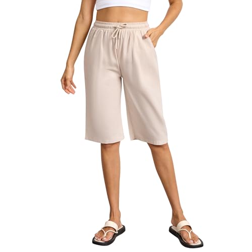 Lishang Sommerhosen Damen Leicht und Luftig Mit Taschen Kordelzug Kurze Hose Damen Knielang Sommer Elastische Taille Lockere Freizeithose Strandhose Baumwoll Shorts Apriksfarbe XL von Lishang