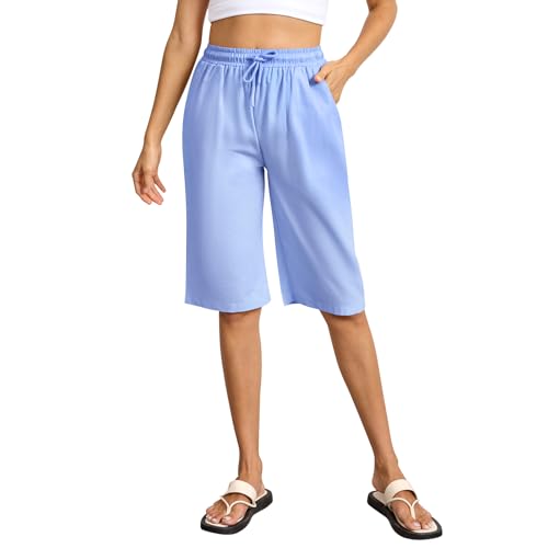 Lishang Sommerhosen Damen Leicht und Luftig Mit Taschen Kordelzug Kurze Hose Damen Knielang Sommer Elastische Taille Lockere Freizeithose Strandhose Baumwoll Shorts Blau S von Lishang