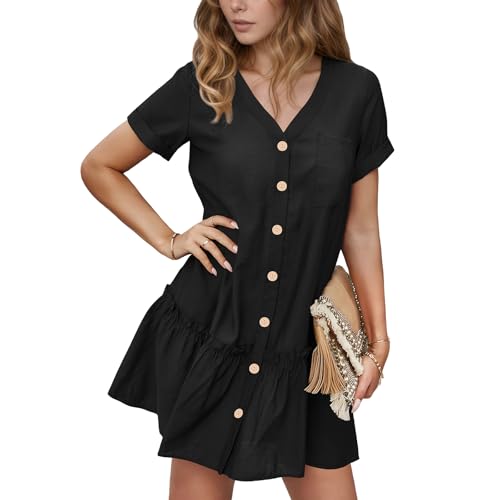 Lishang Sommerkleider Damen Leicht Und Luftig V-Ausschnitt Rüschen Hemdblusenkleid Baumwollkleid Shirtkleid Damen Sommer Damenkleider Sommer mit Knöpfen für Freizeit Arbeit Strand Schwarz L von Lishang
