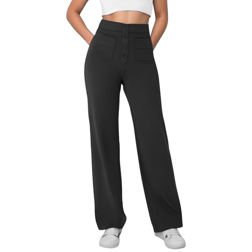 Lishang Weite Hose Damen Sommer High Waist Stretch Hose Damen Stoffhose Weites Bein Sommer Hosen Locker mit Taschen Bundfaltenhose Schwarz S von Lishang