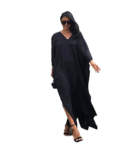 Damen Maxi Cover Up Kleider Lange Kaftan Kleider Solide Beachwear Plus Size Badeanzug Cover Ups Kaftan Kleid, Schwarz , One size von Lishengping-KJ