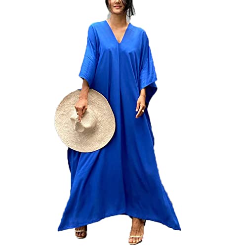 Damen Maxi Cover Up Kleider Lange Kaftan Kleider Solide Beachwear Plus Size Badeanzug Cover Ups Kaftan Kleid, blau, One size von Lishengping-KJ