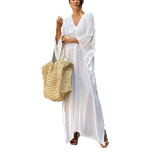 Damen Maxi Cover Up Kleider Lange Kaftan Kleider Solide Beachwear Plus Size Badeanzug Cover Ups Kaftan Kleid, weiß, One size von Lishengping-KJ