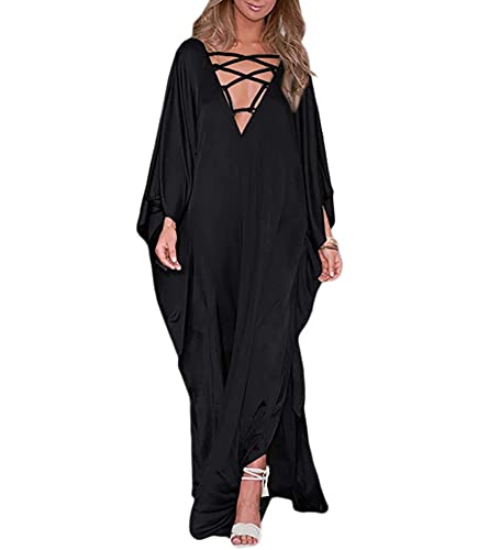 Lishengping Damen Robe Loungewear Kaftan Badeanzug Cover Up Casual Strand Kaftan Kleid Strand Vertuschung, Schwarz , Einheitsgröße von Lishengping
