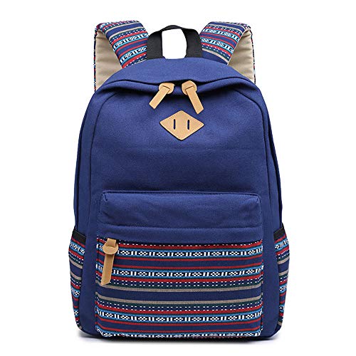 Lisirs Canvas Rucksack Damen Stabil Wasserdicht Schulranzen Mädchen Vintage Tolle Farbkombi Muster Schöner Praktischer Schulrucksack mit Laptopfach für Junge Teenager Freizeit und Schule Blau von Lisirs