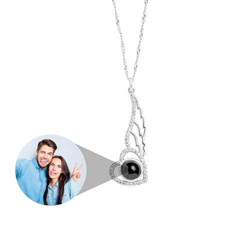 925 Sterling Silber Foto Halskette Herz Engelsflügel Kette mit Bild im Stein Personalisierte Gravur Projektion Anhänger für Damen Frauen Individuelle Schmuck Geschenke zu Weihnachten (Silber) von Liskanap