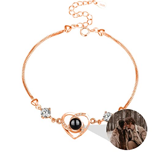 Liskanap 925 Sterling Silber Personalisierte Foto Armband mit Bild Projektion Armband im Stein Ich liebe dich Armband 100 Sprachen für Damen Herz Denkmal der Liebe Schmuckgeschenk (RoseGold-Herz 2) von Liskanap