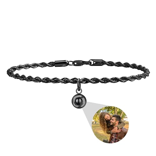 Foto Armband Personalisierte Projektion Armband mit Eigenen Bild Lupe Versteckte Foto Halskette für Herren Männer Damen Frauen, Kordelkette Rope Kette Edelstahl Verdrehte Armband Silber Gold Schwarz von Liskanap