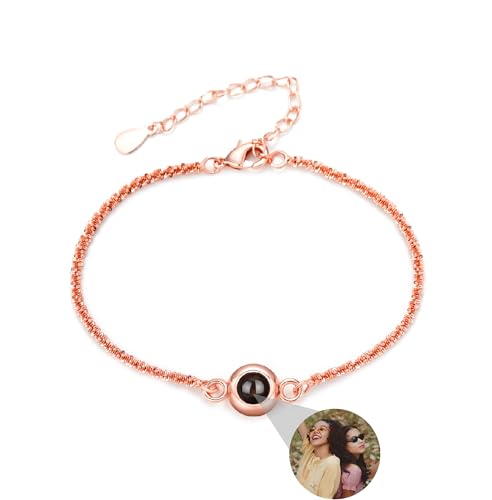 Liskanap 925 Sterling Silber Foto Armband Personalisierte Gravur Projektion Armbander mit Eigenem Bild im Stein für Damen Frauen Benutzerdefinierte Schmuck Geschenke (Rund-Rose Gold) von Liskanap