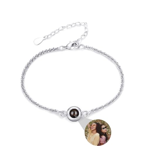 Liskanap 925 Sterling Silber Foto Armband Personalisierte Gravur Projektion Armbander mit Eigenem Bild im Stein für Damen Frauen Benutzerdefinierte Schmuck Geschenke (Rund-Silber) von Liskanap