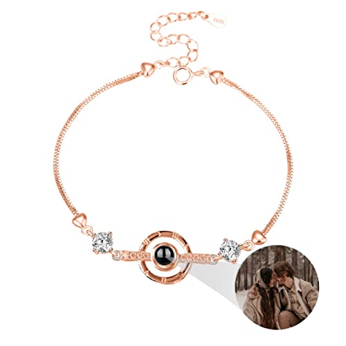 Liskanap 925 Sterling Silber Personalisierte Foto Armband mit Bild Projektion Armband im Stein Ich liebe dich Armband 100 Sprachen für Damen Herz Denkmal der Liebe Schmuckgeschenk (RoseGold-Runden 2) von Liskanap