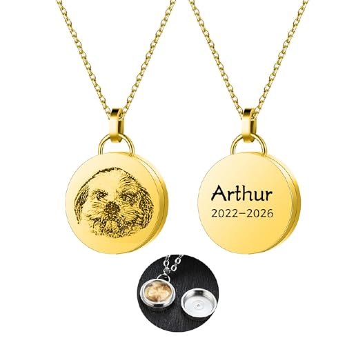 Liskanap Personalisiert Haustiere Urnen Kette mit Foto/Name Gravur Hund Katze Tierhaar Anhänger Halskette Medaillon für Asche Haustier Portrait Verlust Geschenke Gedenken Memorial Edelstahl (Gold) von Liskanap