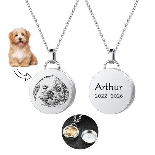 Liskanap Personalisiert Haustiere Urnen Kette mit Foto/Name Gravur Hund Katze Tierhaar Anhänger Halskette Medaillon für Asche Haustier Portrait Verlust Geschenke Gedenken Memorial Edelstahl (Silber) von Liskanap