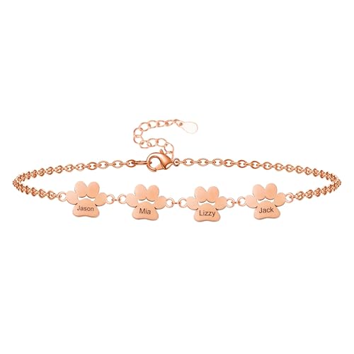 Liskanap Personalisierte Pfote Armband mit 1-4 Namen Gravur Hundepfote Armbander Pfotenabdruck Memorial Haustier Schmuck Geschenk für Frauen Damen 925 Sterling Silber Rose Gold (RoseGold) von Liskanap