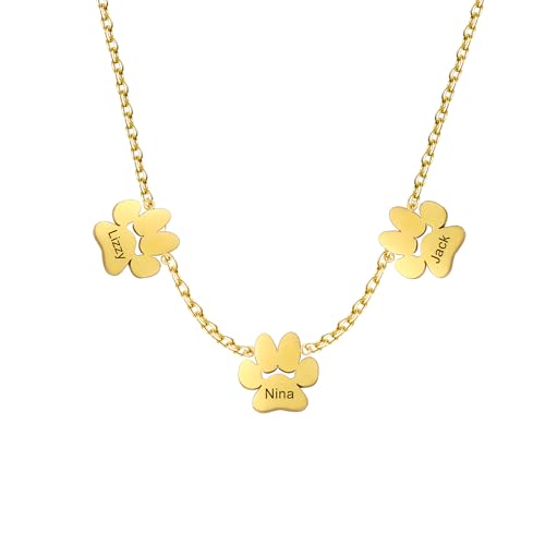 Liskanap Personalisierte Pfote Halskette mit 1-4 Namen Gravur 925 Sterling Silber Hund Katze Namenskette Rose Gold Memorial Haustier Geschenk für Frauen Damen (Gold- max 9 Namen) von Liskanap
