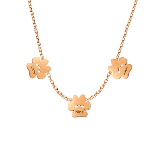 Liskanap Personalisierte Pfote Halskette mit 1-4 Namen Gravur 925 Sterling Silber Hund Katze Namenskette Rose Gold Memorial Haustier Geschenk für Frauen Damen (RoseGold- max 9 Namen) von Liskanap