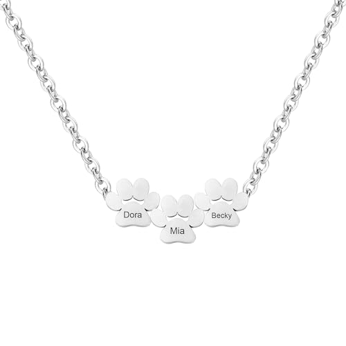 Liskanap Personalisierte Pfote Halskette mit 1-4 Namen Gravur 925 Sterling Silber Hund Katze Namenskette Rose Gold Memorial Haustier Geschenk für Frauen Damen (Silber- max 3 Namen) von Liskanap