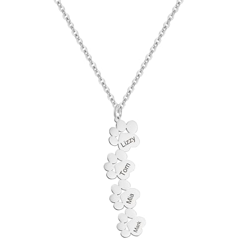 Liskanap Personalisierte Pfote Halskette mit 1-4 Namen Gravur 925 Sterling Silber Hund Katze Namenskette Rose Gold Memorial Haustier Geschenk für Frauen Damen (Silber- max 4 Namen) von Liskanap